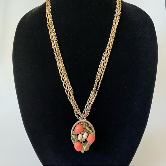 Necklace Pendant Acrylic Bead Work Light Gold Tone Multi Chains Chunky - Picture 9 of 12